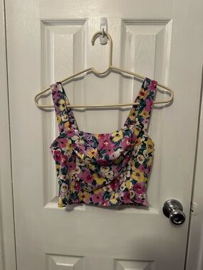 SHEIN Pink Yellow Floral Cowl Neck Crop Top